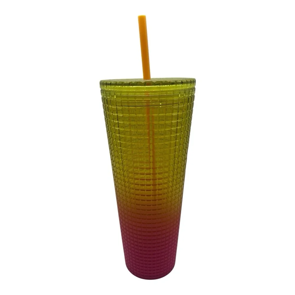 Starbucks 2022 Lemon Yellow Pink Gradient Ombre Grid 24oz Venti Tumbler‎